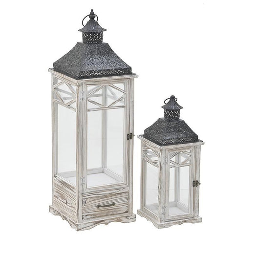 Inart Φανάρι Ξύλινο/Μεταλλικό Σετ Των 2 Τεμαχίων Αντικέ Λευκό/Μαύρο 27x27x85 Κωδικός: 3-70-898-0082